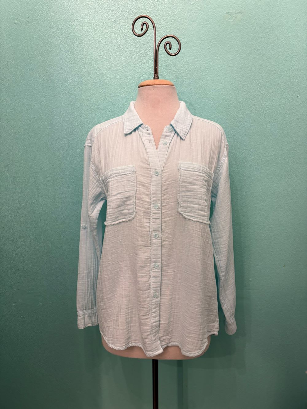 ROLL-UP SLV GAUZE BUTTON SHIRT-BLUE PEARL-MODODOC