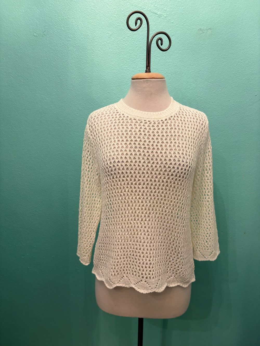 3/4 SLEEVE CROCHET SWEATER-OFF WHITE-MODODOC