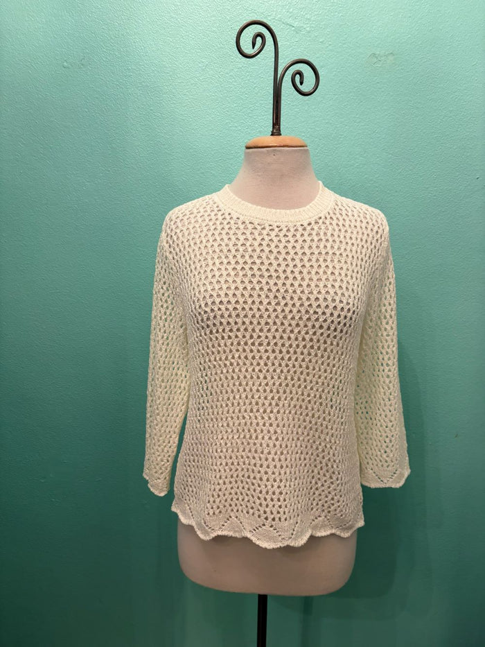 3/4 SLEEVE CROCHET SWEATER-OFF WHITE-MODODOC