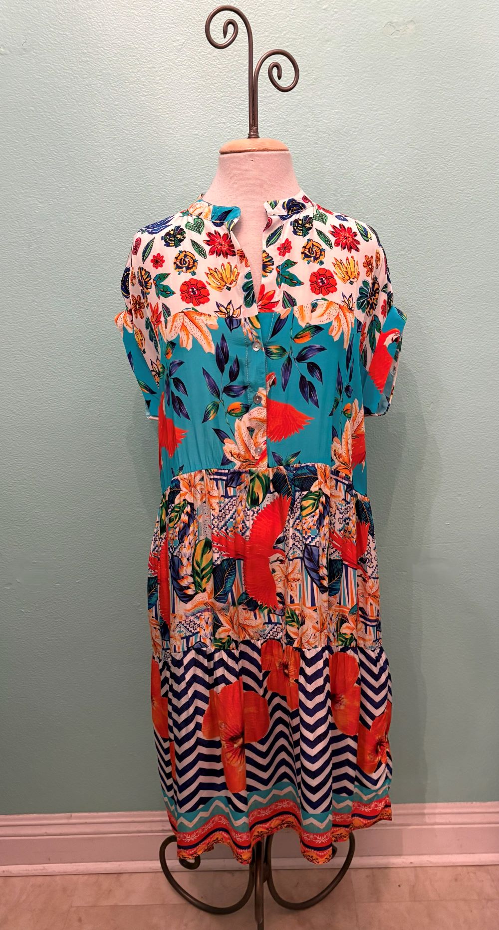 TROPICAL VACATION PRINT BUTTON-UP DRESS-SHANA