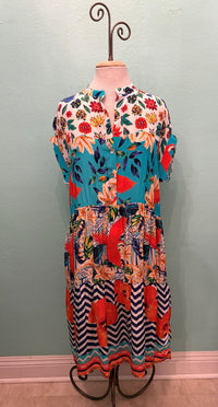 TROPICAL VACATION PRINT BUTTON-UP DRESS-SHANA