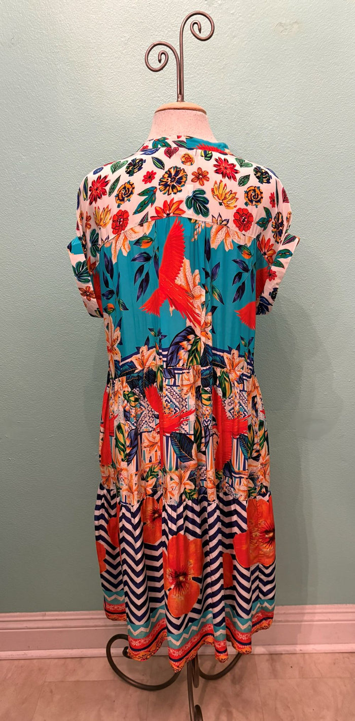 TROPICAL VACATION PRINT BUTTON-UP DRESS-SHANA