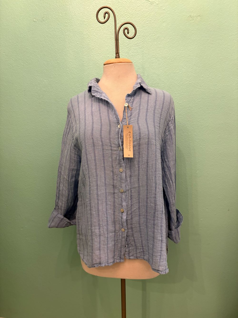 BLUE STRIPE CROP EASY SHIRT-BELLFLOWER-CUT LOOSE