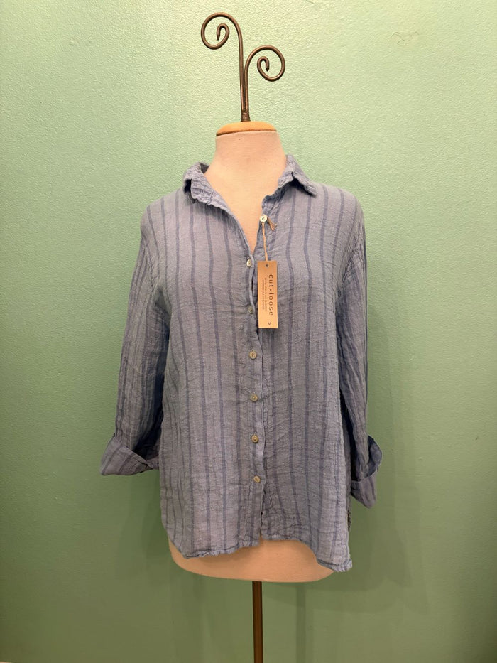 BLUE STRIPE CROP EASY SHIRT-BELLFLOWER-CUT LOOSE