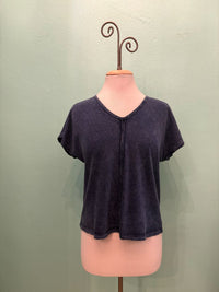 V-NECK SEAM CAP SLEEVE TEE-MINERAL INDIGO-COTTON LANI