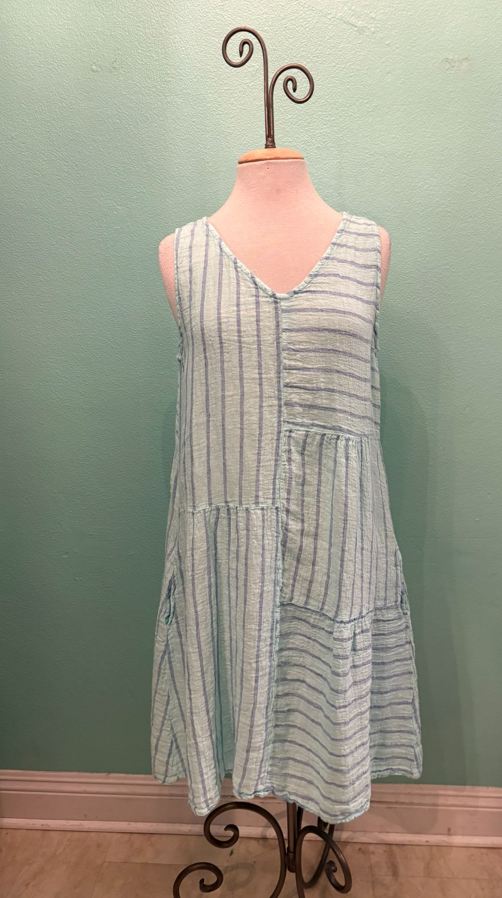 PATCH BLU LINEN STRIPE DRESS-FOUNTAIN-CUT LOOSE