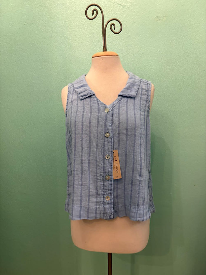 BLUE STRIPE SLEEVELESS SHIRT-BELLFLOWER-CUT LOOSE