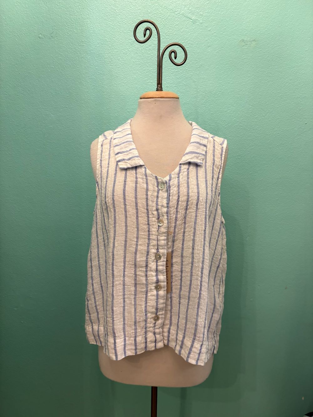 BLUE STRIPE SLEEVELESS SHIRT-LAUNDERED-CUT LOOSE