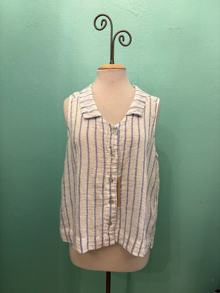 BLUE STRIPE SLEEVELESS SHIRT-LAUNDERED-CUT LOOSE
