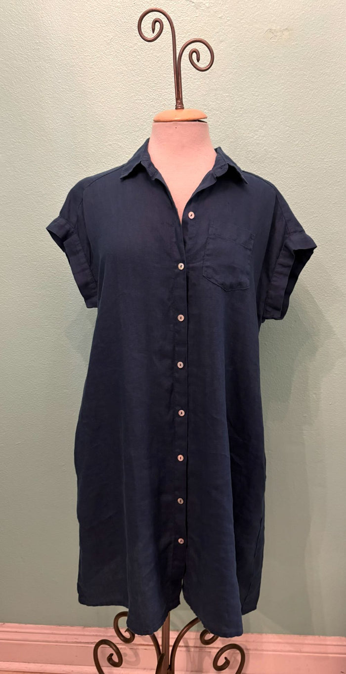 S/S SHIRT LINEN DRESS-NAVAL-CUT LOOSE