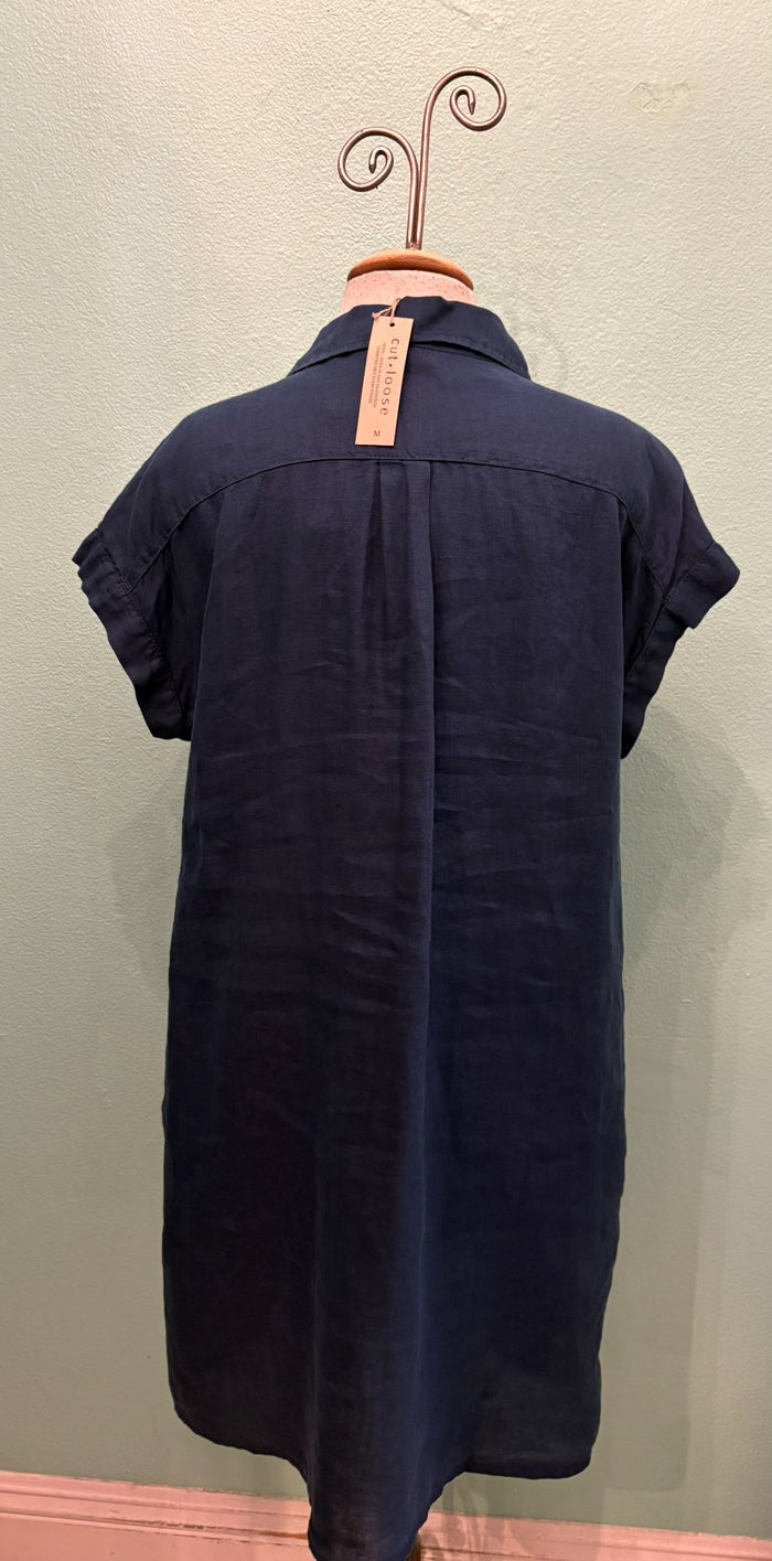 S/S SHIRT LINEN DRESS-NAVAL-CUT LOOSE