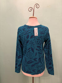 LEAF PRINT LONG SLEEVE RAGLAN TEE-TEAL-COTTON LANI
