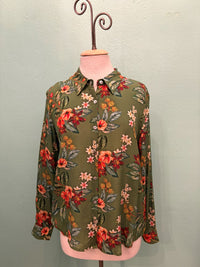 GREEN HIBISCUS PRINT BUTTONDOWN BLOUSE-APNY