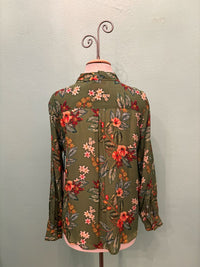 GREEN HIBISCUS PRINT BUTTONDOWN BLOUSE-APNY