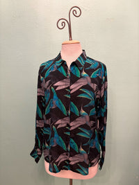 TEAL HUMMINGBIRDS PRINT BUTTONDOWN BLOUSE-APNY