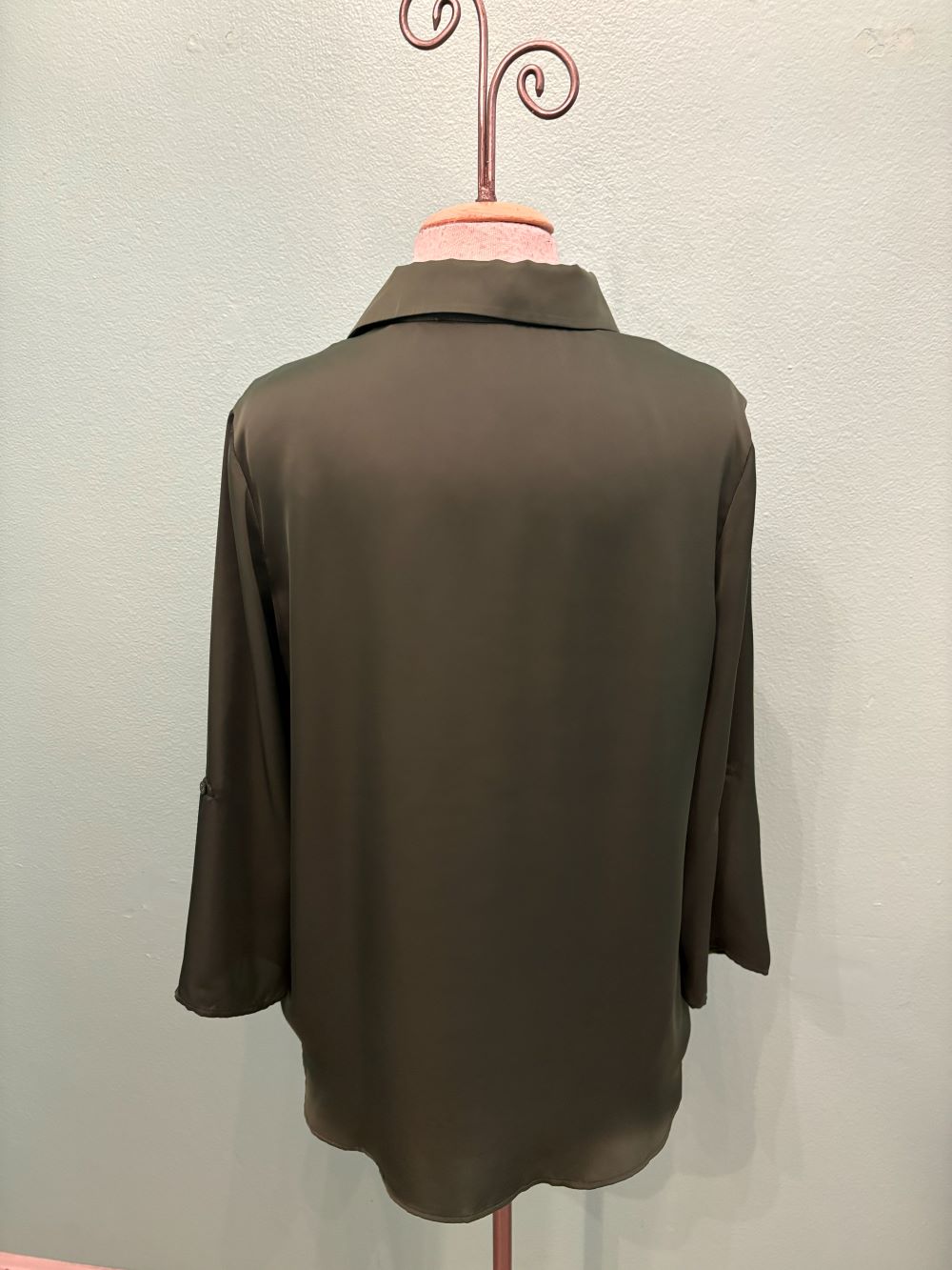 SATIN V-NECK BLOUSE-OLIVE-RENUAR