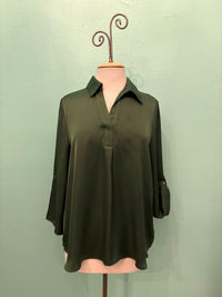 SATIN V-NECK BLOUSE-OLIVE-RENUAR