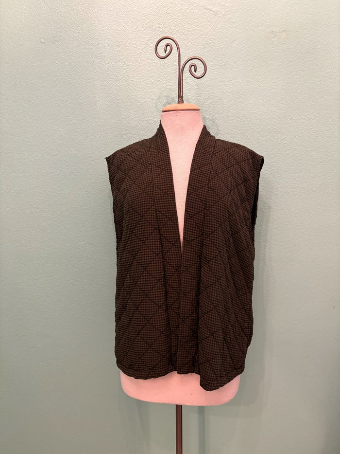 CRINKLE CHECK QUILTED OPEN VEST-KELP-CUT LOOSE