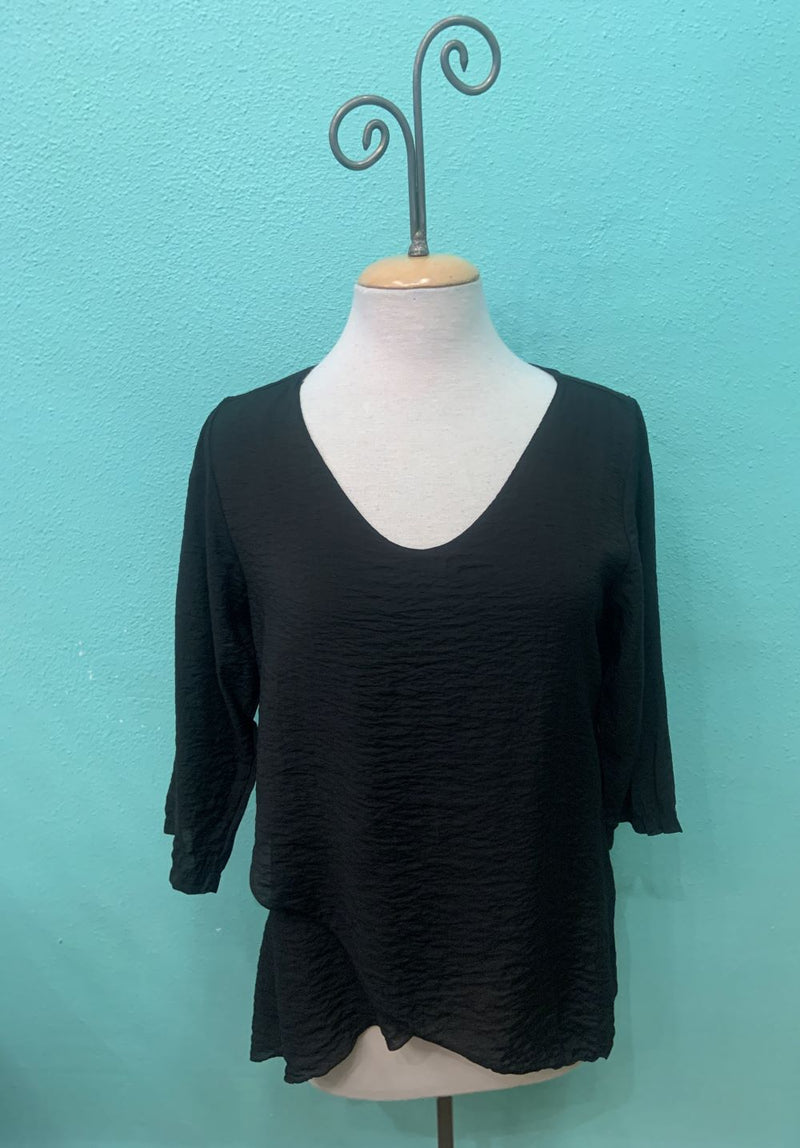 DOUBLE LAYER V-NECK 3/4 SLEEVE-BLACK-CUT LOOSE