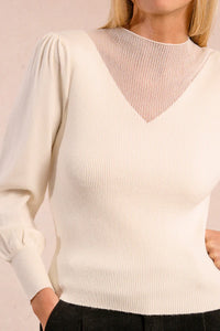 Close-up of ivory knit sweater with sheer mesh yoke and puff sleeves