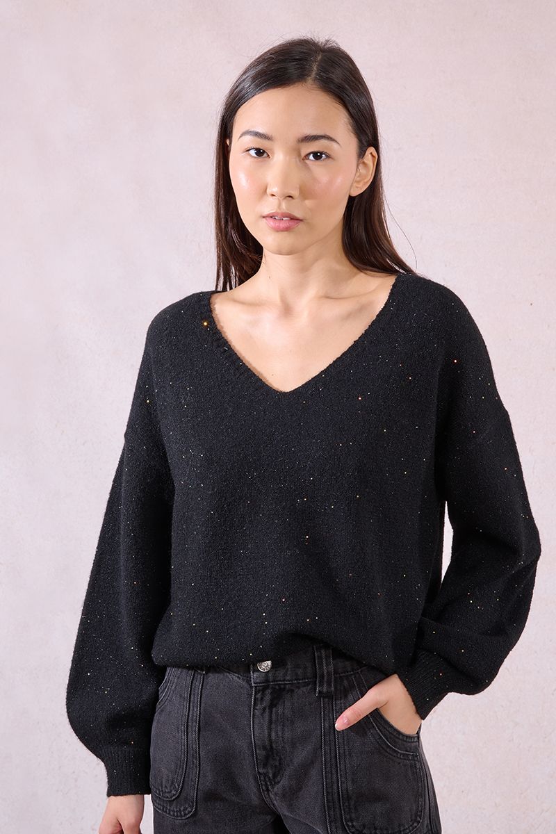 OVERSIZED V-NECK KNITTED SWEATER-BLACK-MOLLY BRACKEN