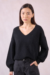 OVERSIZED V-NECK KNITTED SWEATER-BLACK-MOLLY BRACKEN