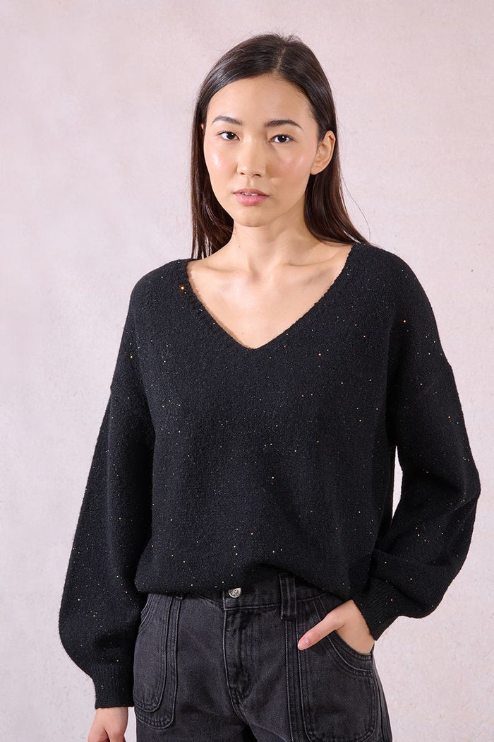 OVERSIZED V-NECK KNITTED SWEATER-BLACK-MOLLY BRACKEN