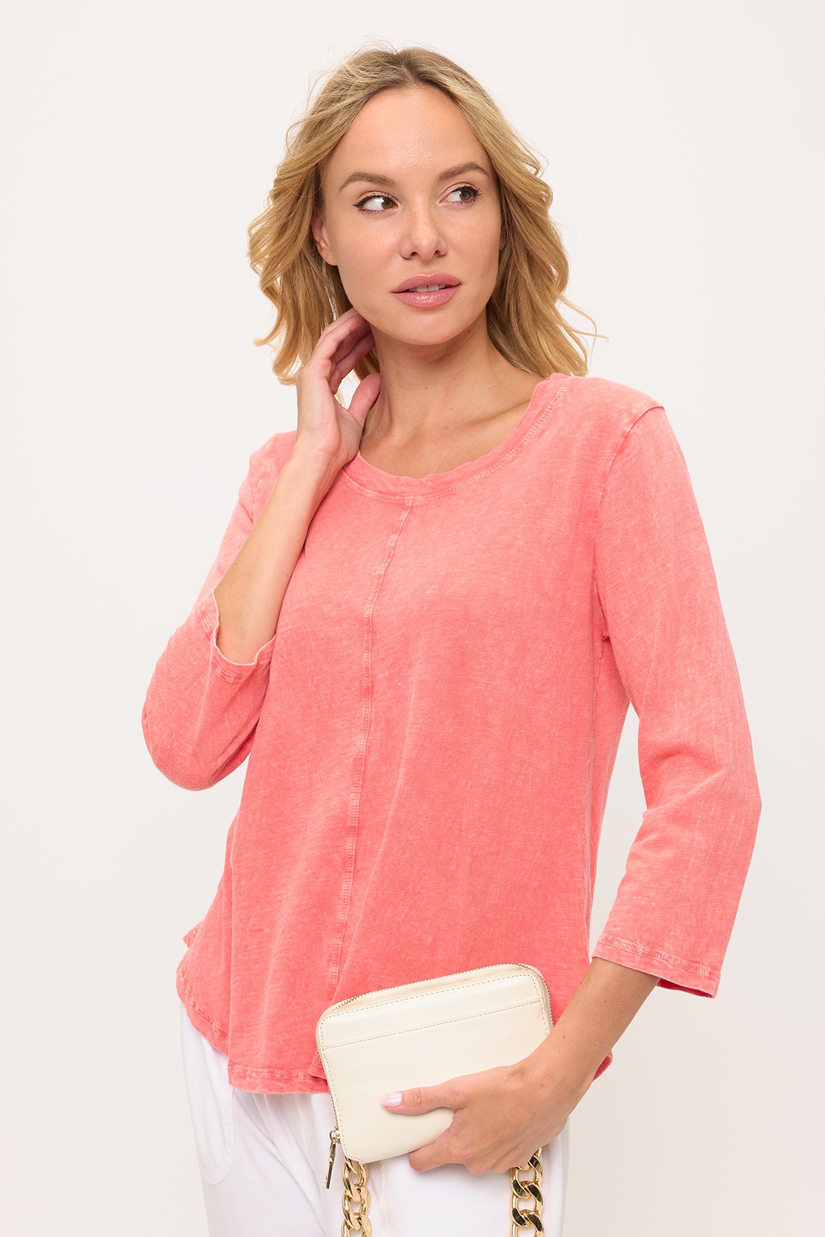 SWING CREW NECK 3/4 SLEEVE TEE-MINERAL CORAL-COTTON LANI