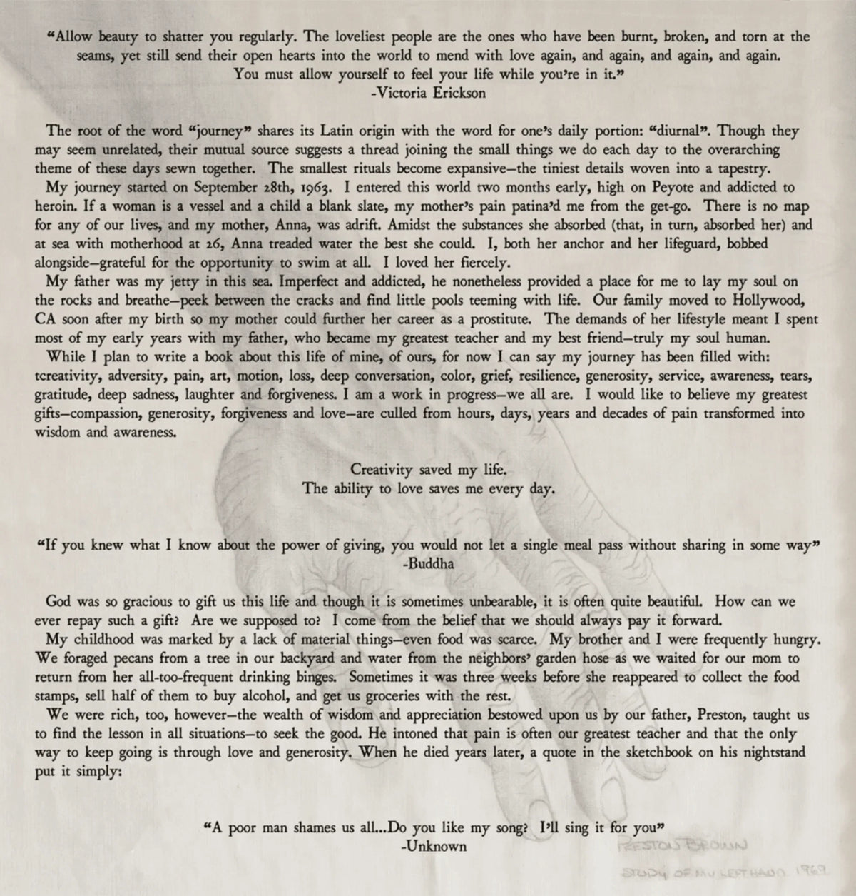 Vintage-inspired poetic essay about journey and creativity with handwritten quotes