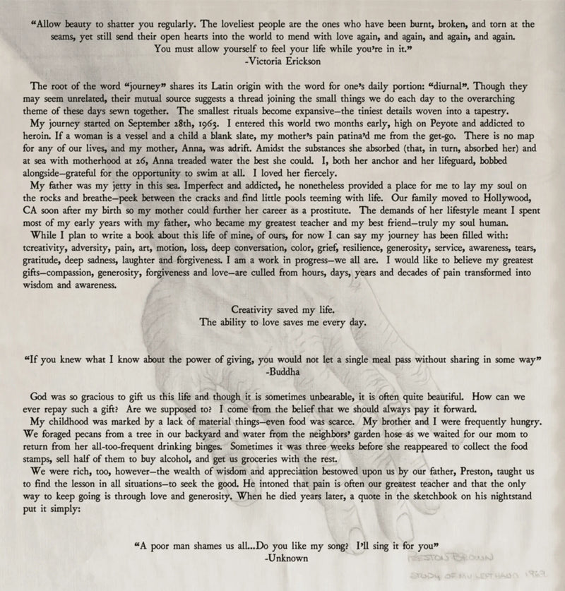 Vintage-inspired poetic essay about journey and creativity with handwritten quotes