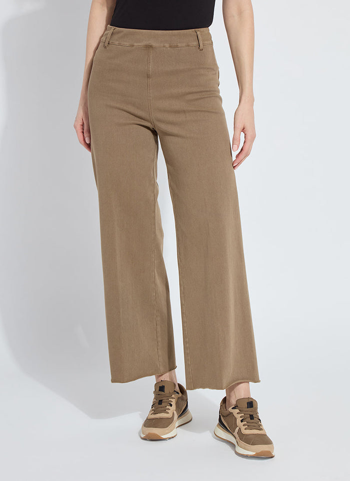 Full rear view of khaki wide-leg crop jeans styled with sneakers