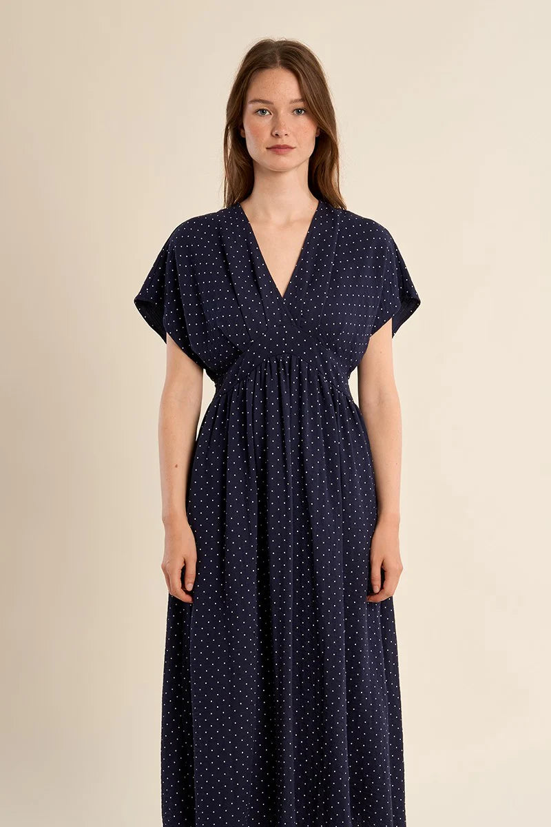 POLKA DOT V-NECK DRESS-NAVY-MOLLY BRACKEN