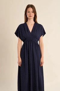 POLKA DOT V-NECK DRESS-NAVY-MOLLY BRACKEN