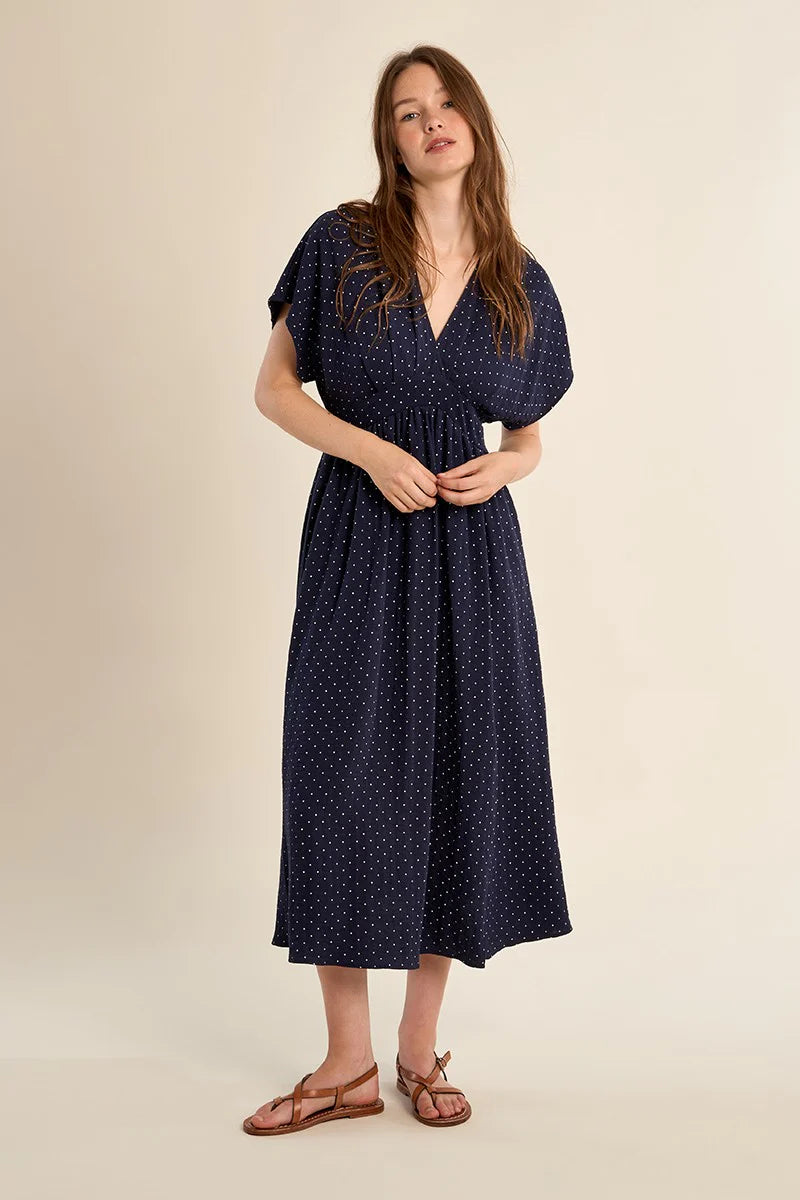 POLKA DOT V-NECK DRESS-NAVY-MOLLY BRACKEN
