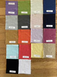 Sixteen color fabric swatches for the linen blend tee, labeled with color names
