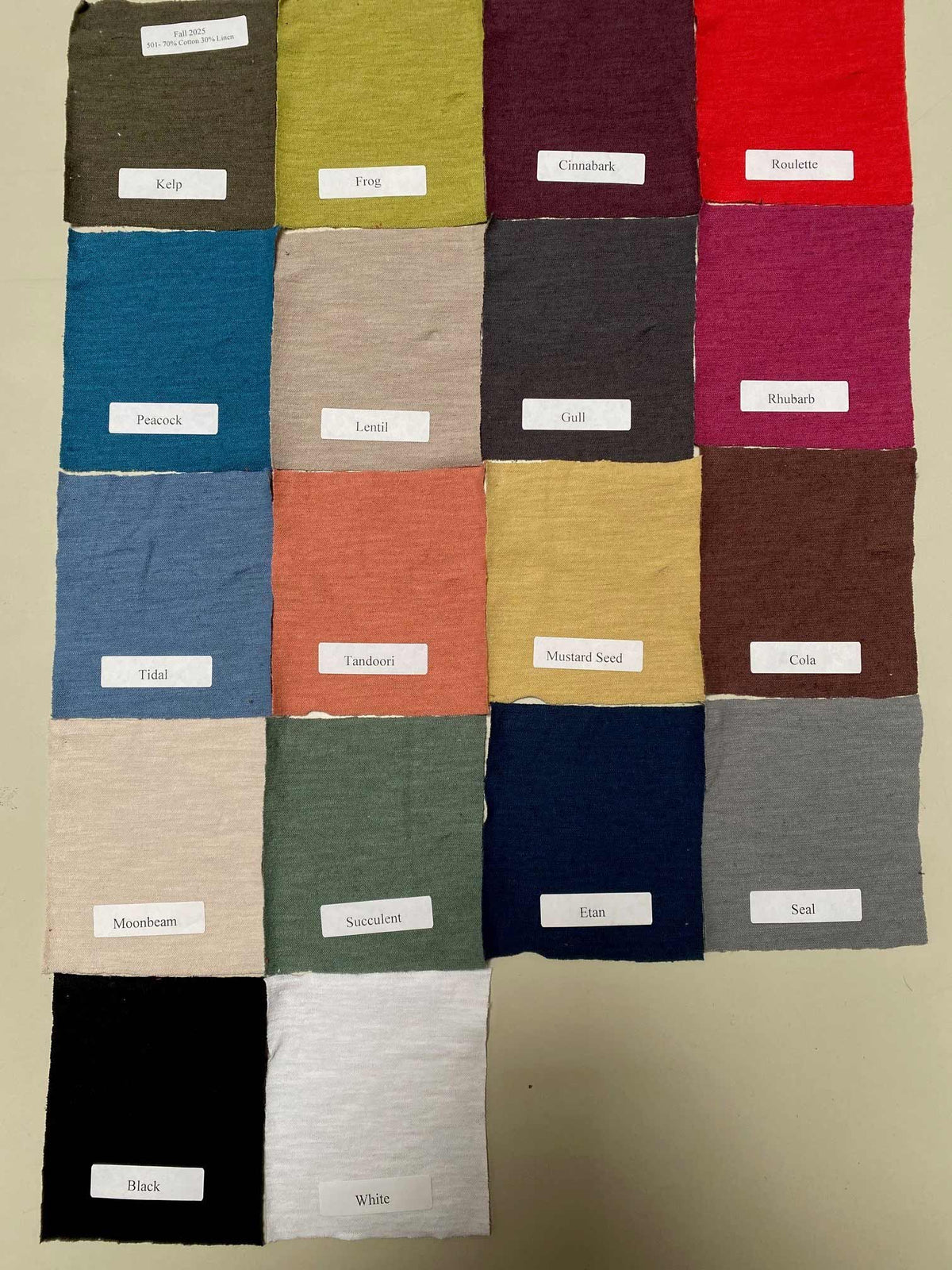 Color swatch chart showing 18 linen cotton fabric options, including Mustard Seed
