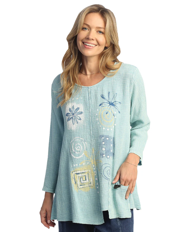 PATCHWORK MINERAL WASH 3/4 SLEEVE POCKET TOP-MINT- JESS AND JANE