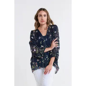 Close-up front shot of a black floral sheer blouse with nature-inspired details