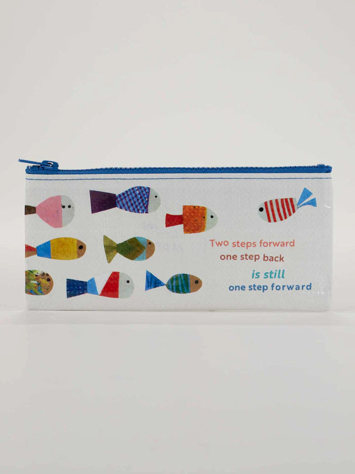 Rectangular pencil case with colorful fish illustrations and the motivational quote 'Two steps forward, one step back is still one step forward'