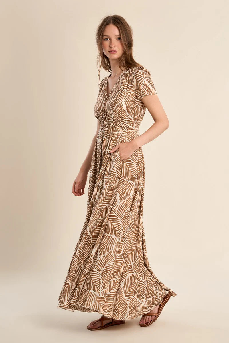MAXI LEAF PRINT V-NECK DRESS-MOLLY BRACKEN