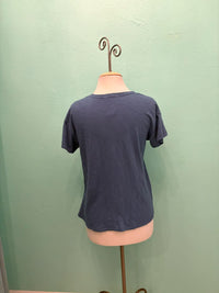 Back view of classic navy blue crewneck t-shirt on mannequin