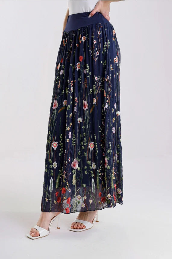 Navy maxi skirt with elegant multicolored floral embroidery design
