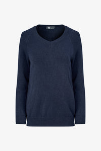 Plain navy blue V-neck knit sweater displayed against a white background