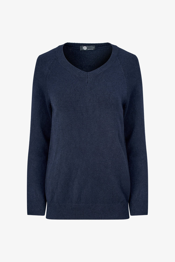 Plain navy blue V-neck knit sweater displayed against a white background