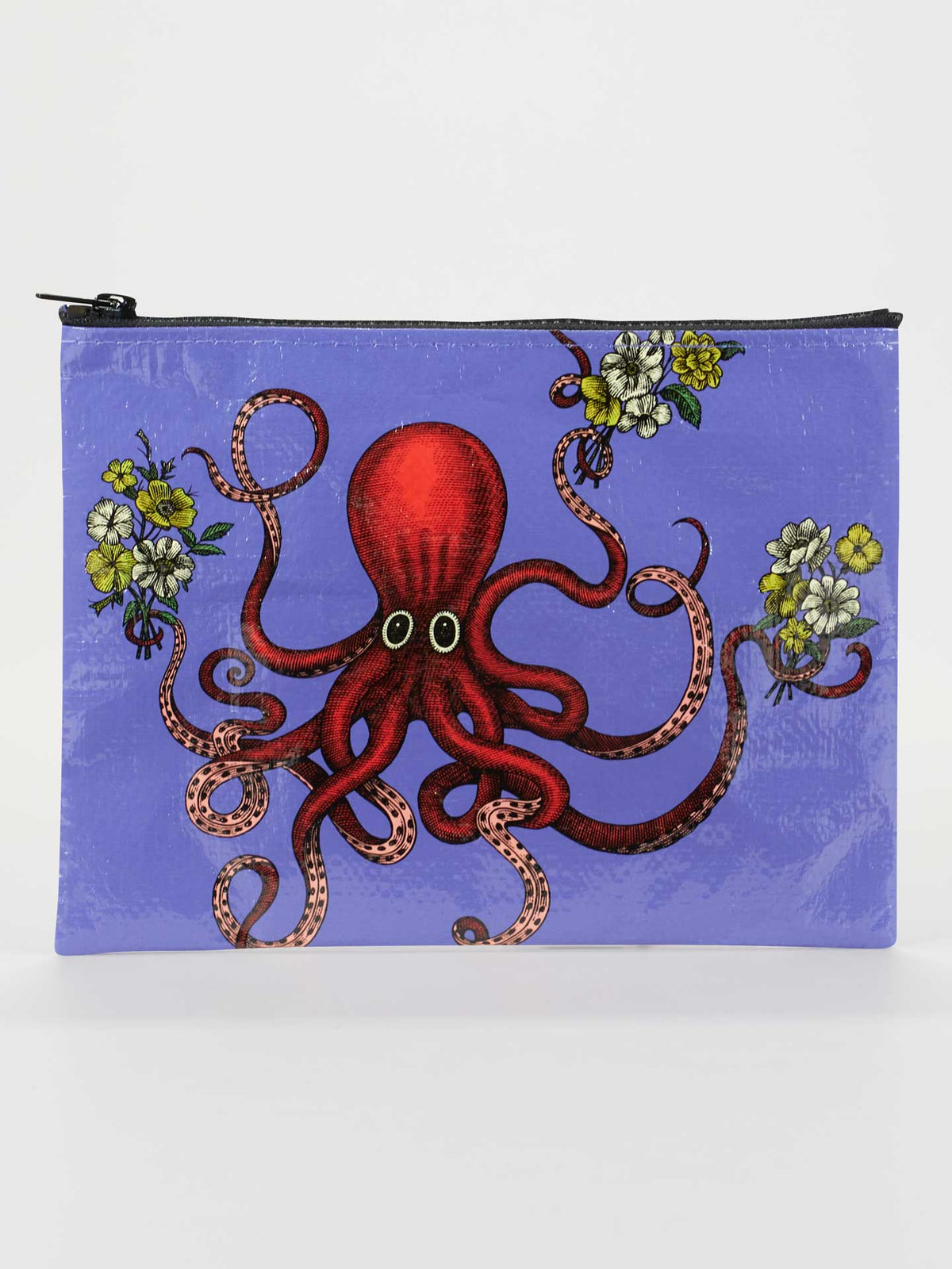 Purple zipper pouch with a vibrant red octopus and floral accents