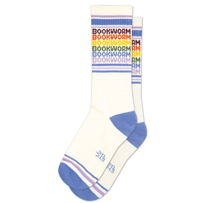 Pair of Bookworm rainbow gym socks displayed flat, featuring purple toes and striped cuffs