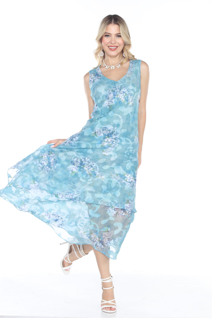 AQUA BLUE V-NECK FLORAL DRESS-ARIS A