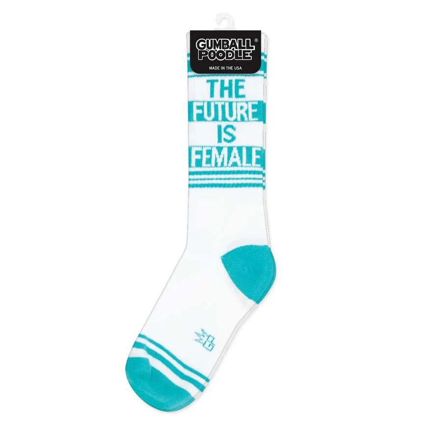 The Future Is Female' teal and white gym sock on pack with Gumball Poodle branding