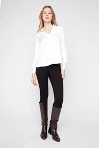 SATIN V-NECK COLLAR BLOUSE-CREME-RENUAR