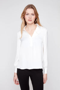 SATIN V-NECK COLLAR BLOUSE-CREME-RENUAR
